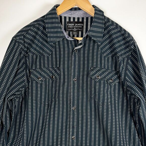 Cody James Western Shirt Mens Large Black White Stripe Sawtooth Pockets Snap - Picture 10 of 16